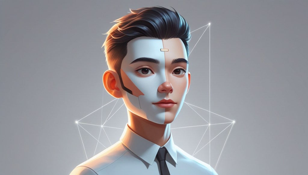 Digital illustration of a VTuber creator standing between a 2D anime-style avatar and a 3D realistic avatar, symbolizing the choice between two styles.